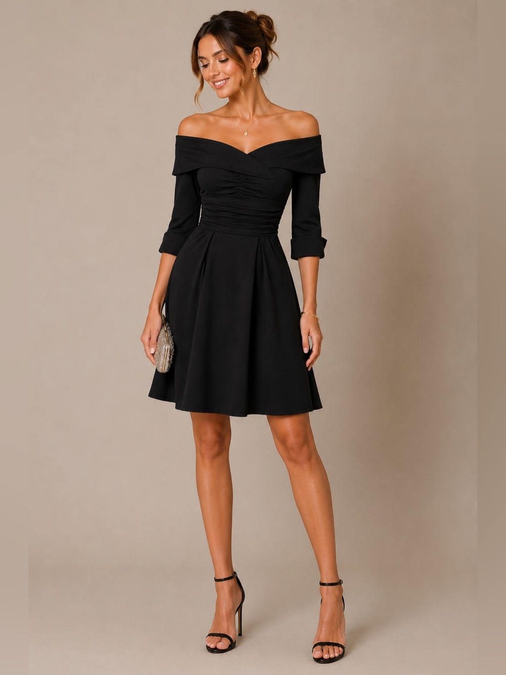 Black Off Shoulder Cocktail Wedding Guest Event Dress Ruched Waist Fit&Flare 6